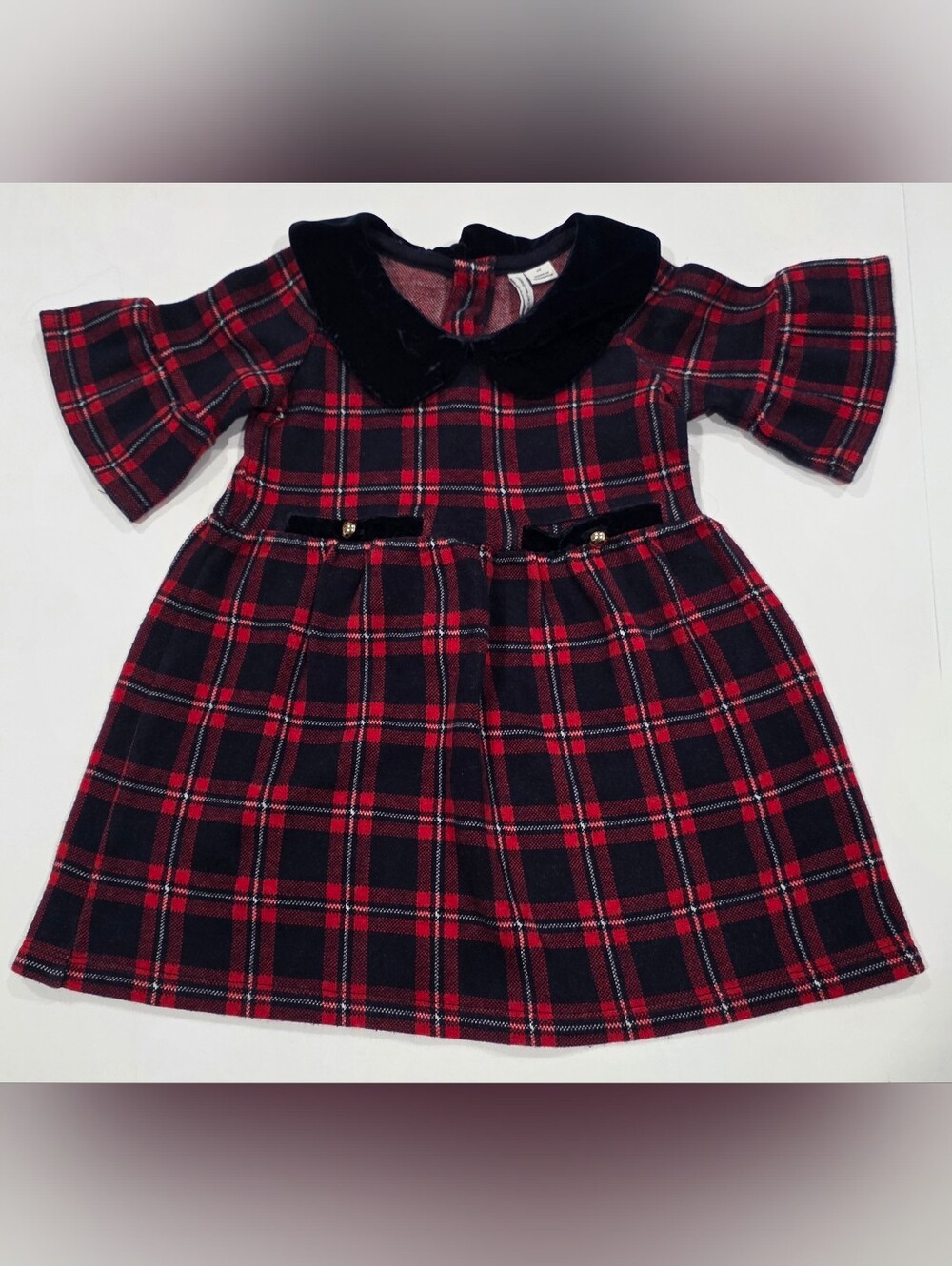 Janie and Jack Red and Navy Plaid Velvet Collar Dress 2T